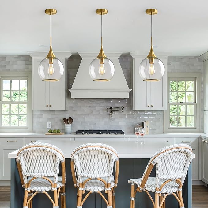 Pendant Lights Kitchen Island: 3 Pack Gold Light Fixture Modern with Clear Glass - 10 Inch Mid Century Globe Kitchen Lighting Fixtures Ceiling for Foyer Bedroom