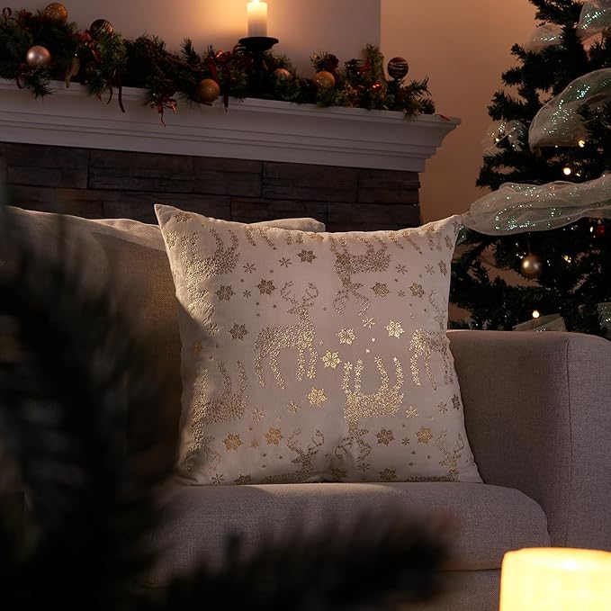 Topfinel Christmas Pillow Covers 16x16 Set of 2,Xmas Cream Velvet Snowflake Reindeer Decorative Pillow Case Winter Holiday Decor for Home Couch,White and Gold