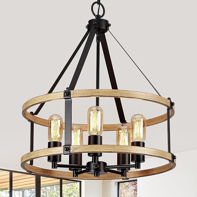 5-Light Farmhouse Chandelier, 17.7 Inch Rustic Black and Vintage Wood Finish Chandeliers for Dining Room Light Fixture, Adjustable Height Hanging Light for Kitchen Island, Entryway, Living Room