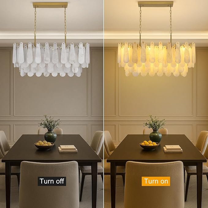 Alabaster Rectangle Chandelier, 40'' 76 PCS Natural Spanish Marble Linear Chandelier for High Ceiling, 4-Tiers Modern Luxury Large Brass Chandeliers for Dining Room, Kitchen Island (Bulbs Included)