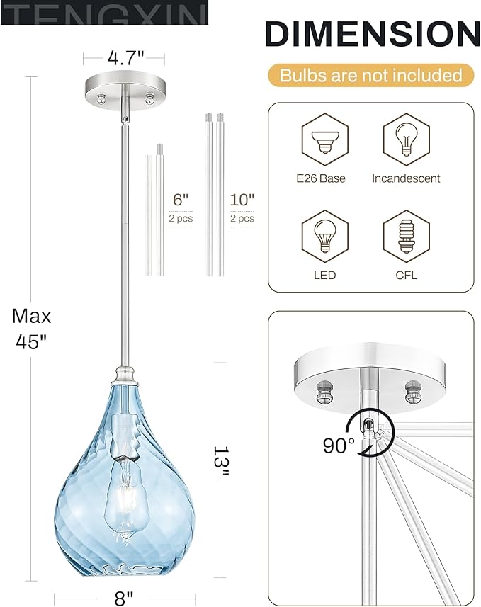 TENGXIN 8 Inch Hanging Light for Kitchen Island,Kitchen Pendant Lighting Over Island,Brushed Nickel Finished Blue Glass Pendant Light,Farmhouse Pendant Light for Dining Room,TXPLBN13-L