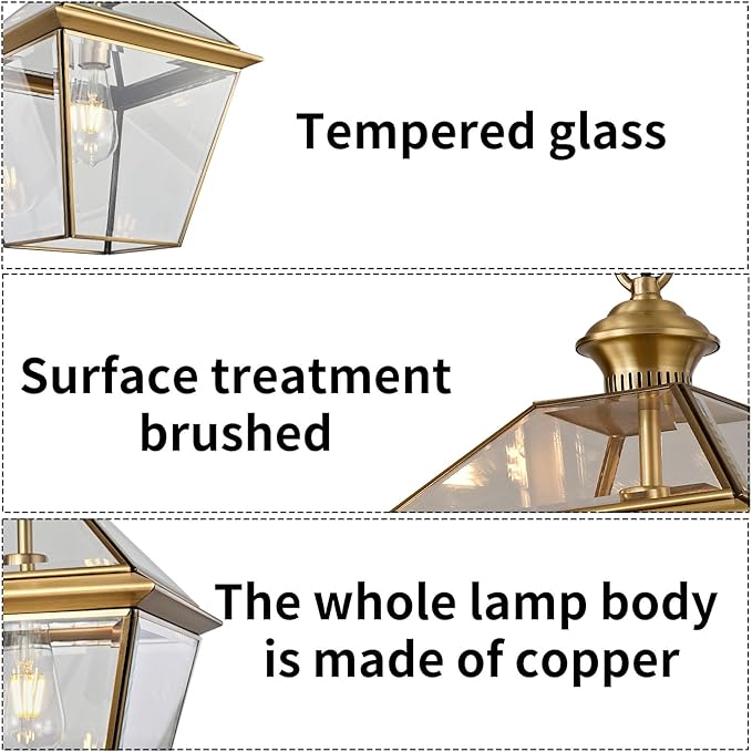 Milaii Copper Brass Outdoor Pendant Light, 16.5" H Large Lantern Hanging Light Fixtures Waterproof Porch Light Outdoor Chandelier for Patio Entryway