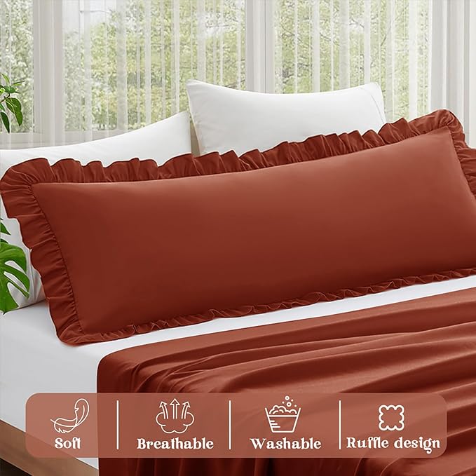 KKJIAF Ruffle Body Pillow Cases Set of 1, Ruffled Pillow Covers with Envelope Closure, Wrinkle Resistant Ruffled Long Pillow Shams 20" x 54", Dusty Orange