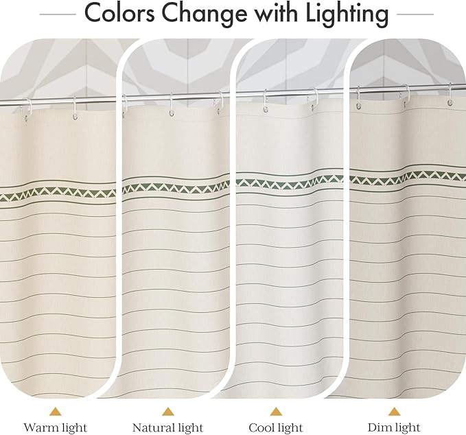 AmazerBath Boho Shower Curtain, Modern Farmhouse Shower Curtain Set with Tassels, Rustic Faux Linen Green Striped Shower Curtain with Hooks, Light Tan Toned, 72x72 Inches