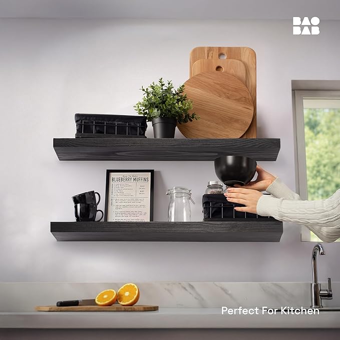 BAOBAB WORKSHOP Solid Wood Floating Shelves for Wall 30 Inches Long, Real Wooden Bathroom Shelf Large, Heavy Duty Wall Shelves Mounted Kitchen Bedroom Farmhouse, Black Shelf, 30W × 6.7D, Set of 2