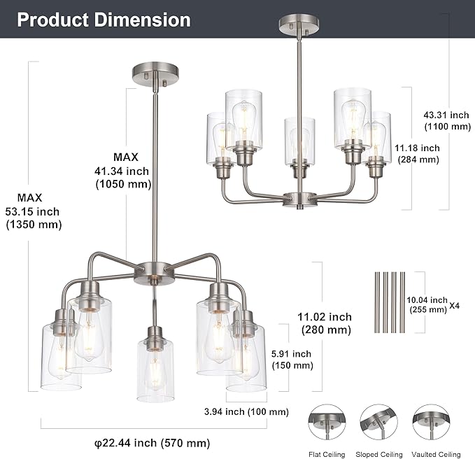 5-Light Brushed Nickel Chandelier with Clear Glass Shades, E26 Base Modern Pendant Light Fixture, Adjustable Swivel Heads Ceiling Lighting, Farmhouse Chandelier for Dining Room Kitchen Hallway