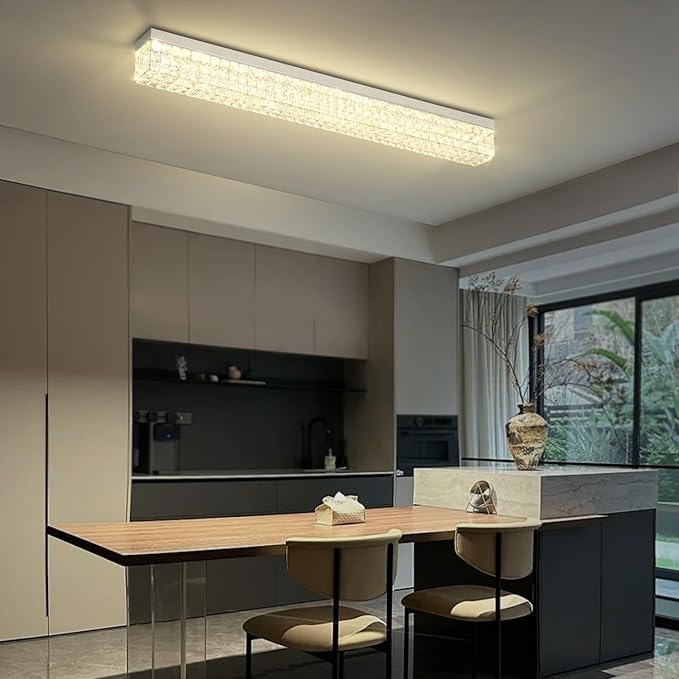 L 40" Modern Rectangle Chandelier Silver Rectangular Flush Mount Chandelier Crystal Ceiling Light Fixture for Dining Living Room Kitchen Island