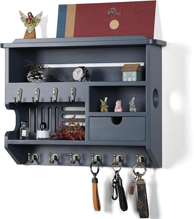 DOPACE Key Holder for Wall, Mail and Key Holder, Mail Organizer Wall Mount with Storage Drawer and 10 Hooks, Easy Installation Keys Holder on Wall, Gray