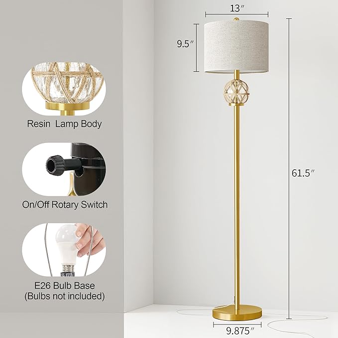Oneach 61.5" Modern Floor Lamp for Living Room, Gold Boho Standing Lamp with Rattan Glass Design, Rotary Switch, Farmhouse Tall Lamps for Bedroom Office Dining Room (Without Bulb)