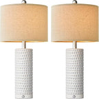 PORTRES 24" Modern Ceramic 3-Way Dimmable Touch Table Lamp Set of 2 for Bedroom White Farmhouse Bedside Lamps with USB A+C Charging Ports for Living Room Nightstand Lamp End Table Lamps