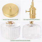 Pendant Light with Clear Striped Glass Lmapshade, Brass Vintage Pendant Light Adjustable Hanging Light for Kitchen Island Dining Room Hallway