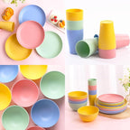 32 pcs Unbreakable Lightweight Wheat Straw Dinnerware Sets for 8, Reusable Kids Plates and Bowls Sets Non Toxic, Microwave and Dishwasher Safe Plastic Dishes Set, Camping RV Picnic Dishes