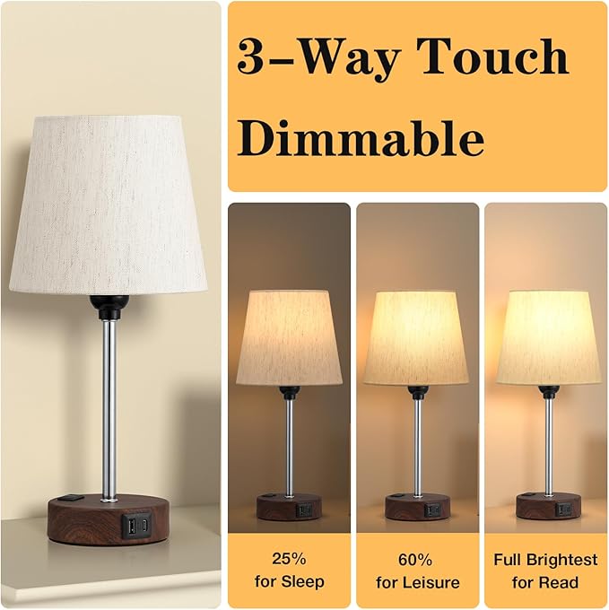 Reddish Brown Bedside Lamps Set of 2 - Nightstand Bedroom Lamp with USB C Port and AC Outlet Charging, 3 Way Dimmable Touch Control Small Bed Side Table Lamp, Nightstand Light