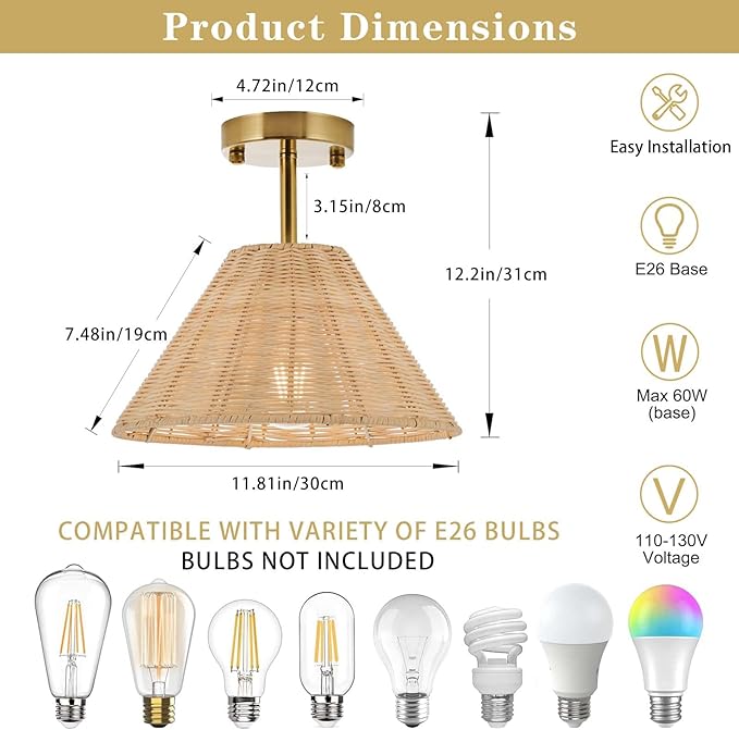Boho Gold Semi Flush Mount Ceiling Light, Farmhouse Rattan Ceiling Light Fixture with Hand-Woven Natural Cage Shade, Modern Mini Chandelier Rustic Retro Lights for Bedroom Hallway Entryway Dining Room