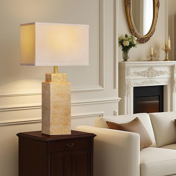 27.6" Vintage Table lamp, Farmhouse Bedside Table Lamps for Bedroom, Living Room, Dining Office, Huangdong Stone Color Lamp Base with White Linen