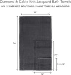 Texere 100% Organic Cotton Diamond Jacquard 700 GSM Luxury Bath Towel Sets - Ultra Soft and Absorbent Hotel Quality, 2 Large Bath Towels, 2 Hand Towels, 2 Washcloths (Diamond, Charcoal, 6 Piece)