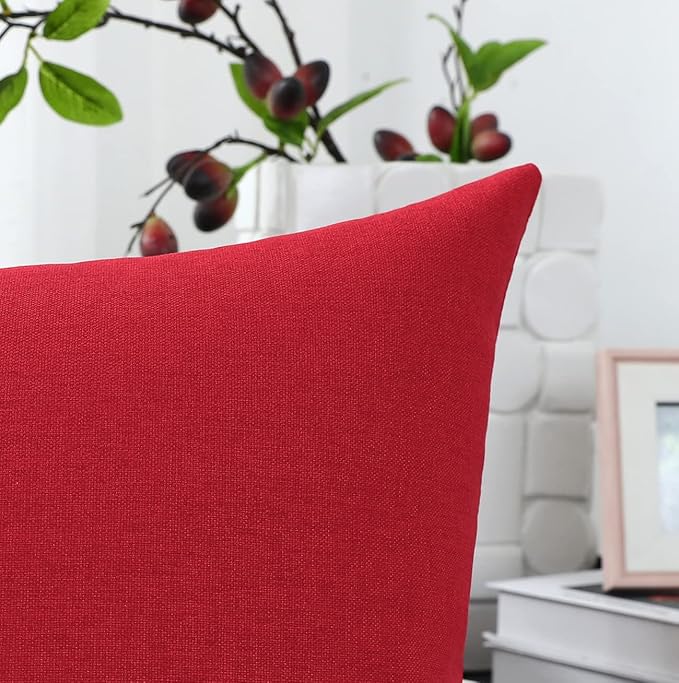 Jeneoo Decorative Christmas Red Throw Pillow Covers Rustic Farmhouse Square Linen Burlap Soft Comfy Solid Cushion Couch Cases for Sofa Living Room (Set of 2, 18 x 18 Inches)