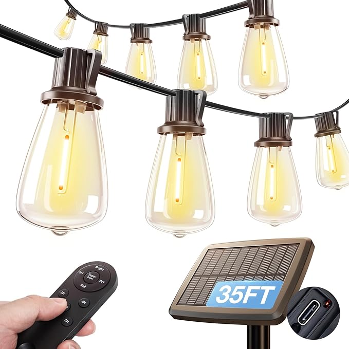 addlon 35FT Solar String Lights Outdoor, IP54 Waterproof Solar Powered with Remote & USB Port, 10+1 LED Shatterproof Bulbs, Dimmable Solar Light Outdoor for Camping Backyard Bistro Porch