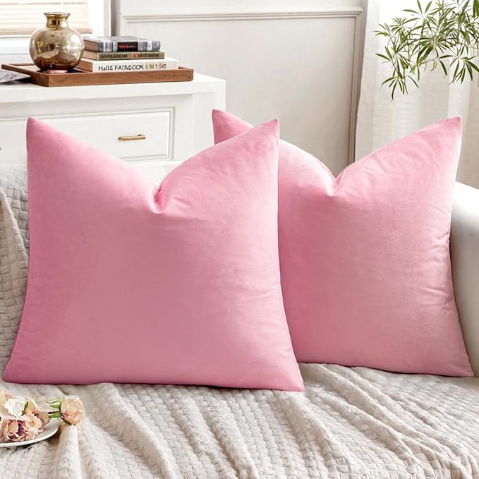 EMEMA Pack of 2 Velvet Throw Pillow Covers Decorative Square Pillowcase Soft Solid Cushion Case for Sofa Bedroom Chair Car 24x24 Inch Bright Pink