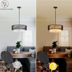 19" Black Rattan Chandeliers Vintage Farmhouse Hand-Woven Wicker Light Fixtures with Bamboo Chandelier Light Fixture Fabric Shade Boho Rattan Hanging Light for Dining Room,Bedroom,Entryway