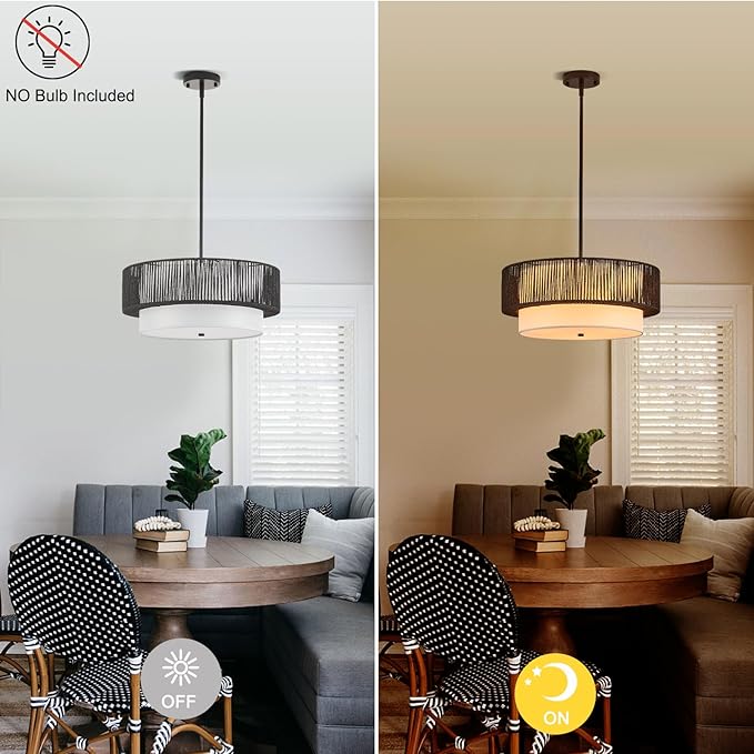 19" Black Rattan Chandeliers Vintage Farmhouse Hand-Woven Wicker Light Fixtures with Bamboo Chandelier Light Fixture Fabric Shade Boho Rattan Hanging Light for Dining Room,Bedroom,Entryway