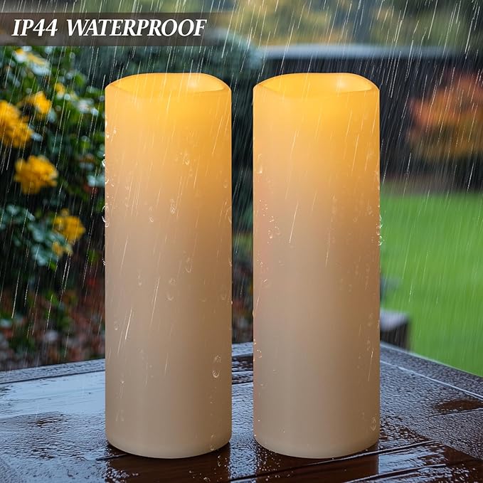 4" x 14" Large Waterproof Outdoor Flameless Candles Battery Operated LED Flickering Pillar Candles with Remote and Timer for Indoor Outdoor Lanterns, Off White, Long Lasting, Set of 2