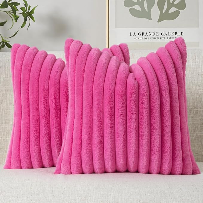 MIULEE Faux Fur Decorative Throw Pillow Covers 16x16 Inch Set of 2, Retro Vintage Boho Home Decor Soft Plush Couch Pillows Cozy Fluffy Cushion Covers for Sofa Bed Hot Pink
