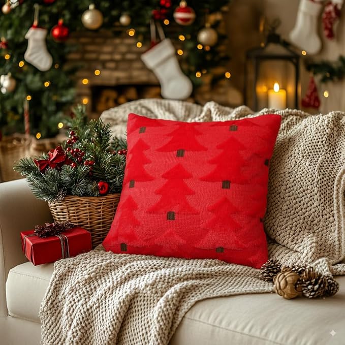 GEEORY Christmas Pillow Covers 24x24 Inch Set of 2, Christmas Decorations Xmas Tree Soft Plush Fluffy Faux Fur Decorative Throw Pillows Farmhouse Winter Cushion Case Red Brown GC035-24