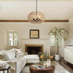 19" Rattan Farmhouse Chandelier Light Fixtures,4-Light Boho Rattan Chandelier for Dining Room Large Hand Woven Pendant Light Hanging Light Fixtures with Fabric Shade for Living Room Bedroom Kitchen