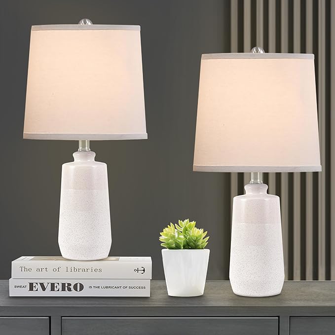 20.5" Ceramic Table Lamp Set of 2 for Bedrooms, White Lamps Set of 2 for Living Room, Minimalist Ceramic Lamps with White Barrel Lampshade, Matte White Ceramic Lamps for Nightstand