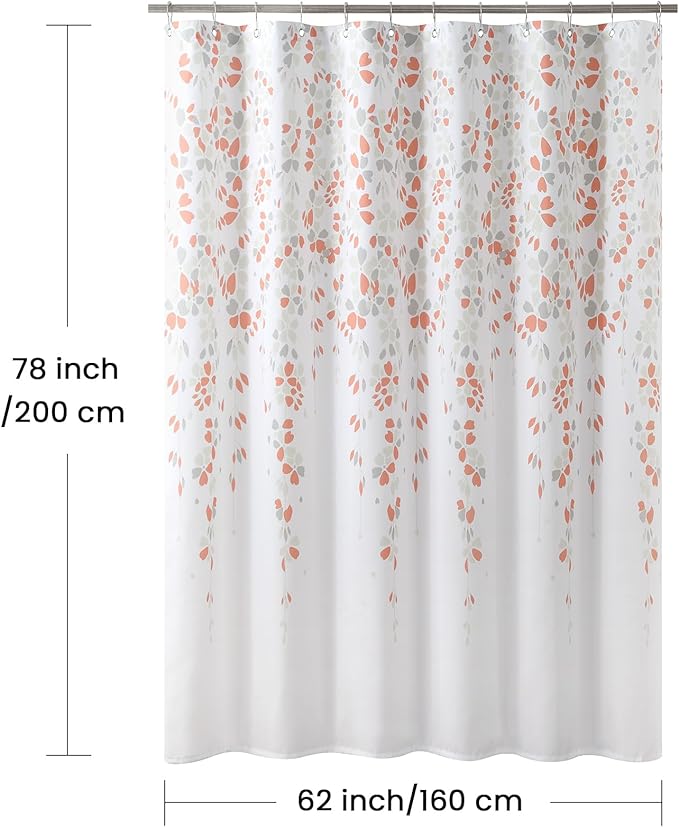 Long Fabric Shower Curtain, Orange and Gray Floral Flower Shower Curtains for Bathroom, Waterproof Bathroom Curtains, 62" W x 78" H