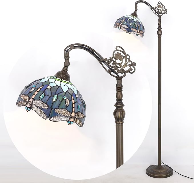 Tiffany Floor Lamp Stained Glass Blue Dragonfly Style Arched Reading Light Gooseneck Adjustable Corner Standing Lamp 12X16X66 Inch for Bedroom Living Room Home Office