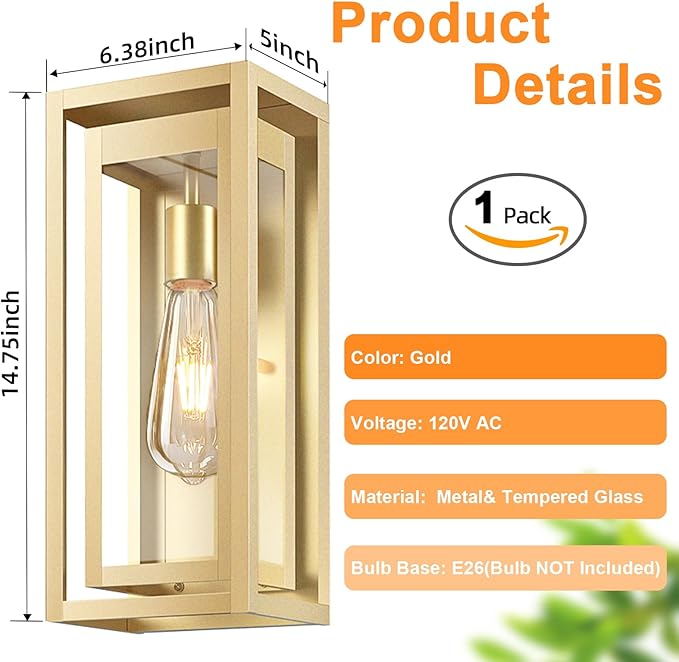 15" Large Gold Outdoor Light Fixture Wall Mount, Waterproof Outdoor Sconces, Modern Wall Lights with Clear Glass Shade for Front Door, Porch, Garage, 1 Pack