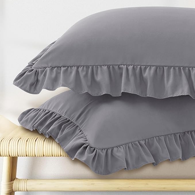KKJIAF Ruffle Pillow Cases Standard Size Set of 2, Ruffled Pillow Covers with Envelope Closure, Wrinkle Resistant Ruffled Pillow Shams 20" x 26", Grey