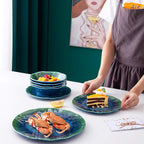 Melamine Dinnerware Set 12 PCS Teal Turquoise Tableware Plates Bowls Blue Green Dishwasher Safe Not Microware Not Oven