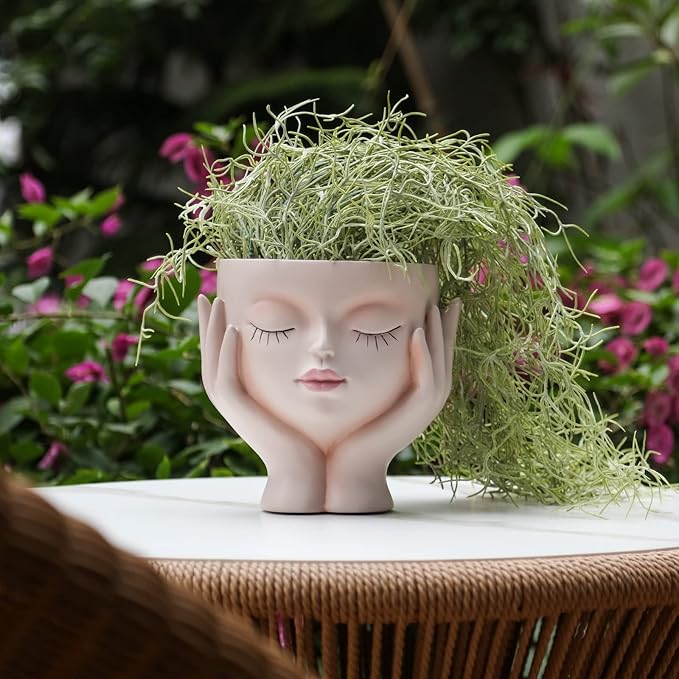 Face Planter Pots for Indoor Plants, Resin Cute Face Flower Pot for Indoor Outdoor Plants with Drainage Hole, Closed Eyes 5.3" Dia 6.3" Tall