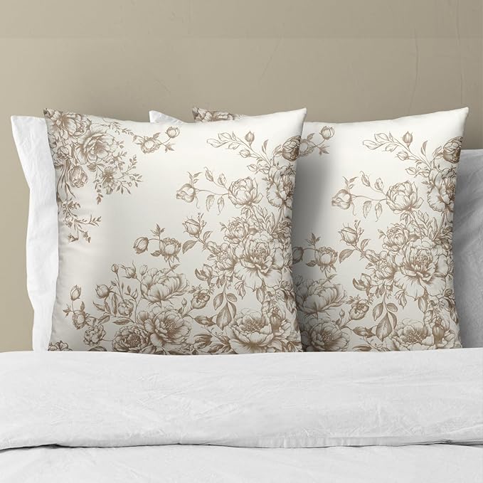 Brown Flowers Throw Pillow Covers 18x18 Set of 2,Vintage Chinoiserie Floral Tan Cream Pillowcases Cotton Square Cushion Cover Decoration for Couch Sofa Living Room Bedroom Home