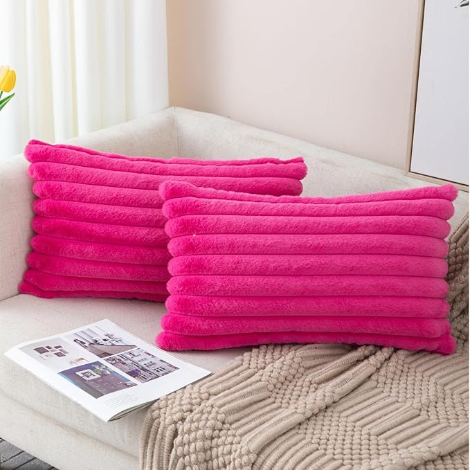 ZLINA Set of 2 Cream White Faux Fur Decorative Throw Pillow Covers Fluffy Striped Pillowcase Cushion Covers 12 x 20 Inch Decor Sofa Couch Bedroom