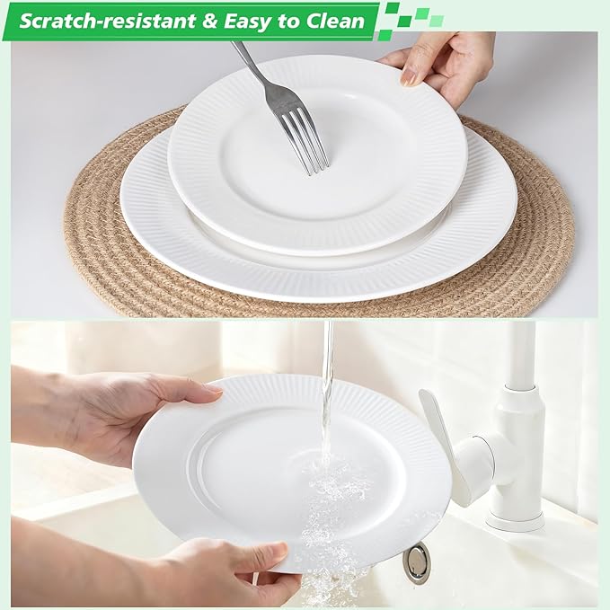 12 Piece Porcelain Dinnerware Sets for 4, White Plates and Bowls Sets with Embossed Stripe Decro, Elegant Kitchen Dish Sets - Dishwasher and Microwave Safe, QOMO-1996