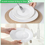 16 Piece Porcelain Dinnerware Sets for 4, White Plates and Bowls Sets with Mugs, Dishwasher and Microwave Safe - Embossed Stripe Decro, Elegant Kitchen Dish Sets, QOMO-1996