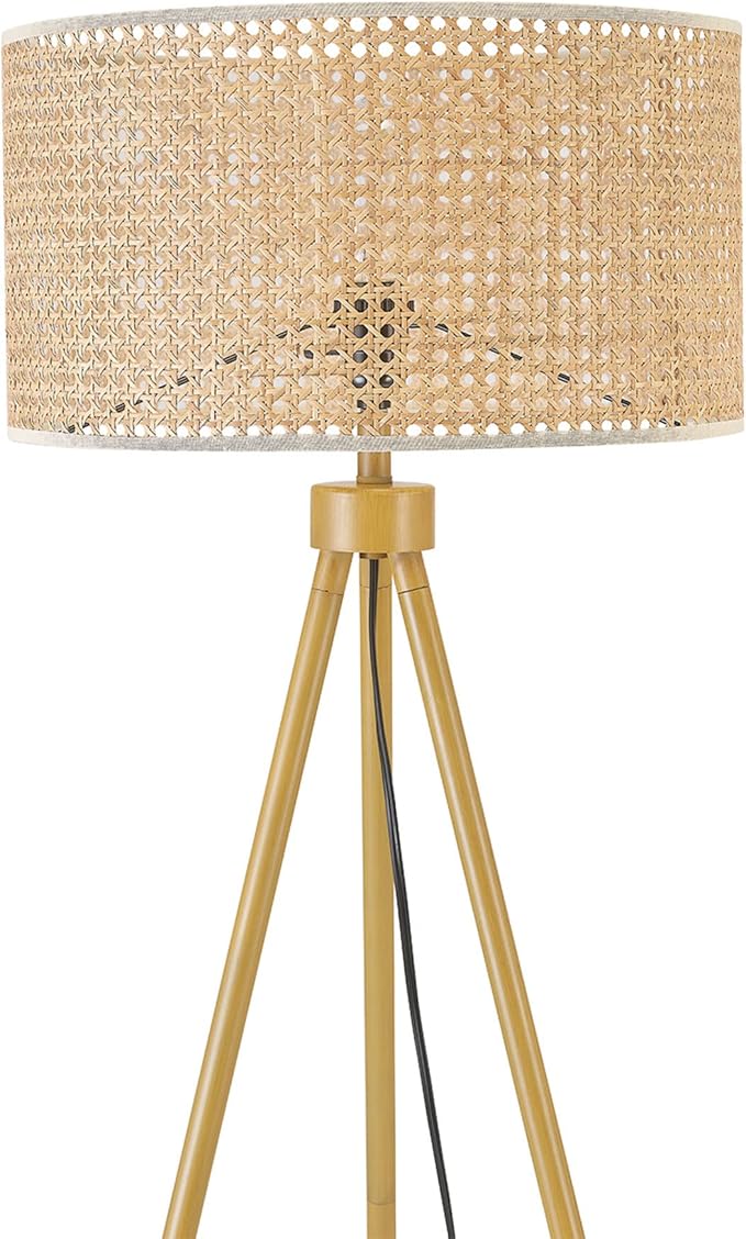 GLOBE Electric 65914 60" Floor Lamp, Faux Wood Tripod Base, Rattan Shade, On/Off Rotary Switch on Socket