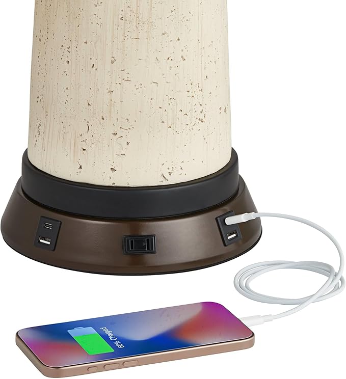 360 Lighting Rocco Mid Century Modern Table Lamp with USB and AC Power Outlet Workstation Charging Base 30" Tall White Ceramic Oak Wood Tan Fabric Drum Shade for Living Room Bedroom House