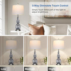 27.5" Gray Clear Glass Table Lamp Set of 2,3-Way Dimmable Touch Control Bedside Lamps with USB Ports and AC Outlet, Modern Nightstand Lamps for Bedroom Living Room