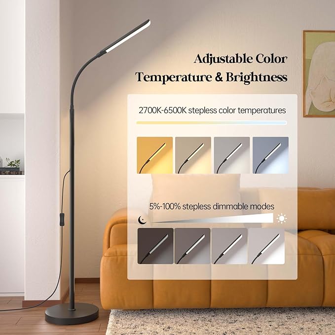 LED Floor Lamp, 18W Super Bright Floor Lamp for Living Room, Adjustable Stepless Colors & Brightness Gooseneck Standing Lamp, Eye Caring Reading Light with Remote