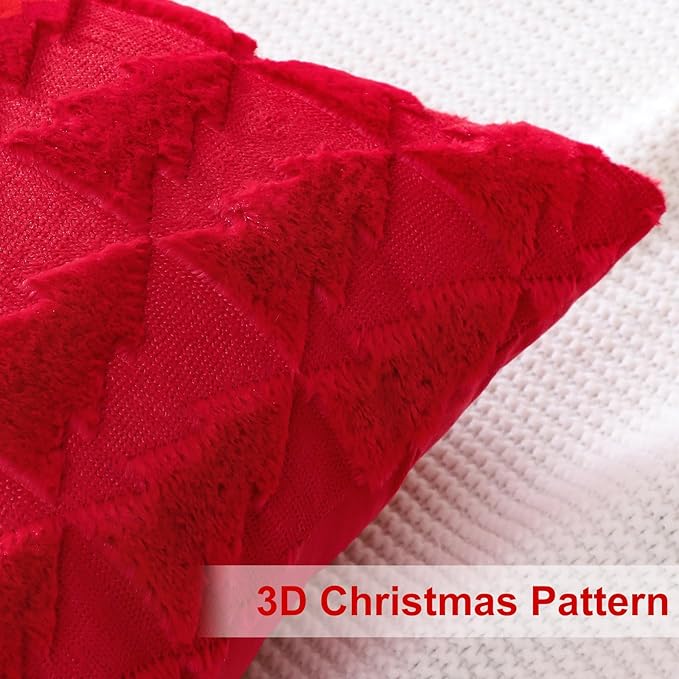 OTOSTAR Set of 2 Xmas Soft Plush Short Wool Velvet Decorative Throw Pillow Covers Square Luxury Style Cushion Case Pillow Shell for Sofa Bedroom Christmas Tree Red, 28x28 Inch