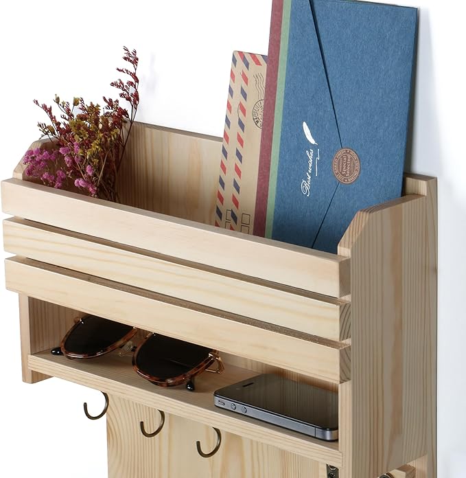 Key Holder, Wall Mounted Mail Organizer, Keys Holder on Wall with 9 Key Hooks, Natural Color