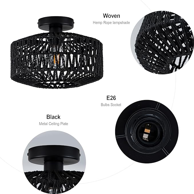 MAYNA Boho Ceiling Light Fixture, Black Rattan Light Fixtures Ceiling Mount,Mini Hand Woven Rattan Chandelier Light Fixtures for Bedroom Kitchen Entryway Living Room Hallway, Bulb NOT Included