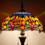 WERFACTORY Tiffany Floor Lamp Blue Yellow Dragonfly Stained Glass Standing Reading Light 16X16X64 Inches Antique Pole Corner Lamp Decor Bedroom Living Room Home Office S168 Series