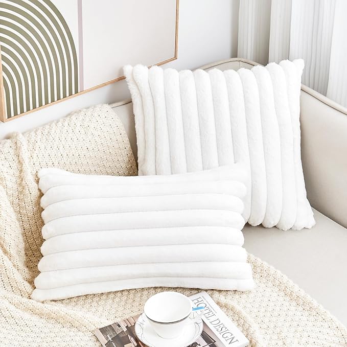 Throw Pillow Covers Decorative Faux Fur Set of 2 18x18 Inch Pillow Covers, Soft Cream White Striped Pillowcases for Couch Sofa Bed Living Room, Fluffy Cute Home Boho Accent Fuzzy Decor
