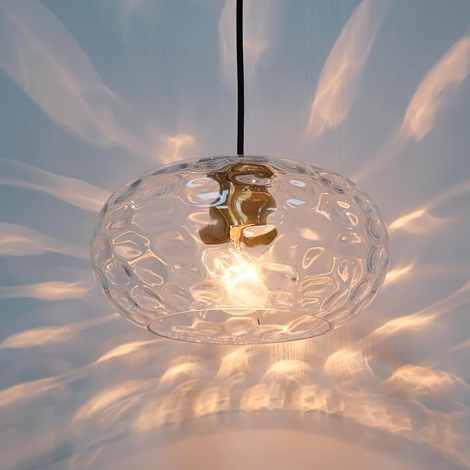Clear Glass Pendant Lighting, 11" Hammered Lampshade Hanging Lamp, 1-Light Brass Gold Chandelier for Dining Living Room Kitchen Island